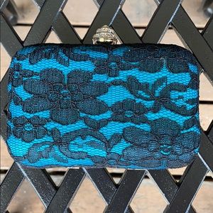Small hard box clutch!! Turquoise & Black lace!